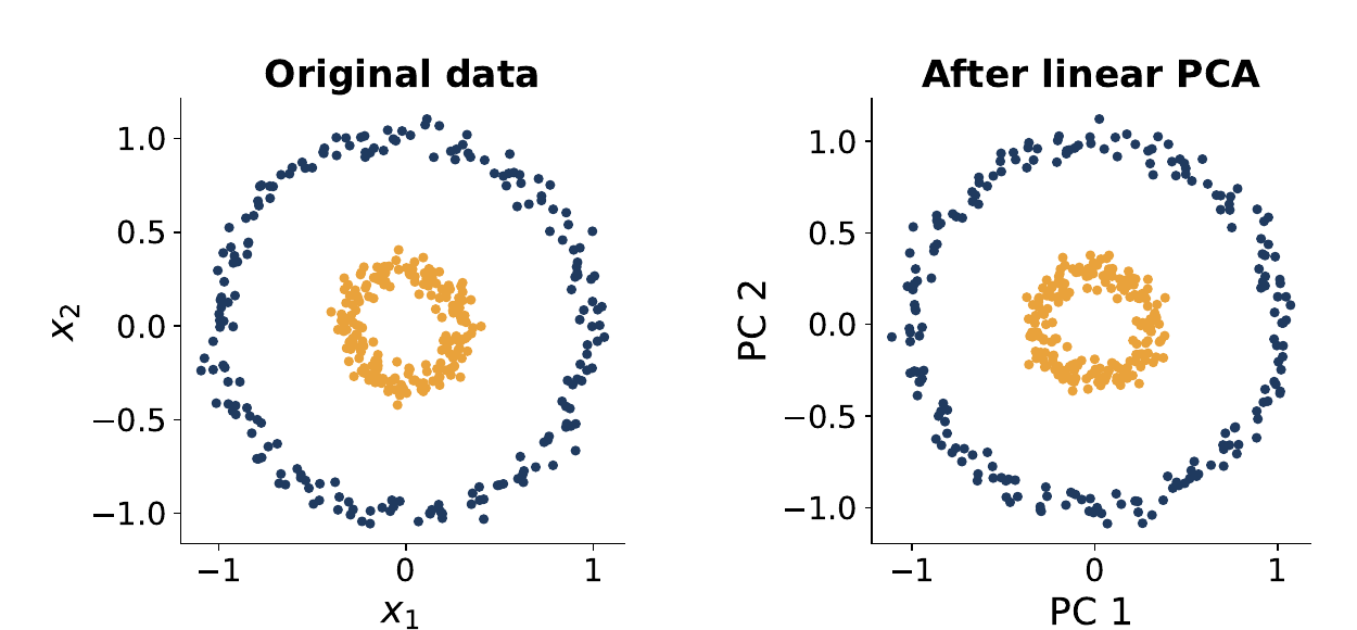 Two concentric rings of points before and after PCA, still concentric